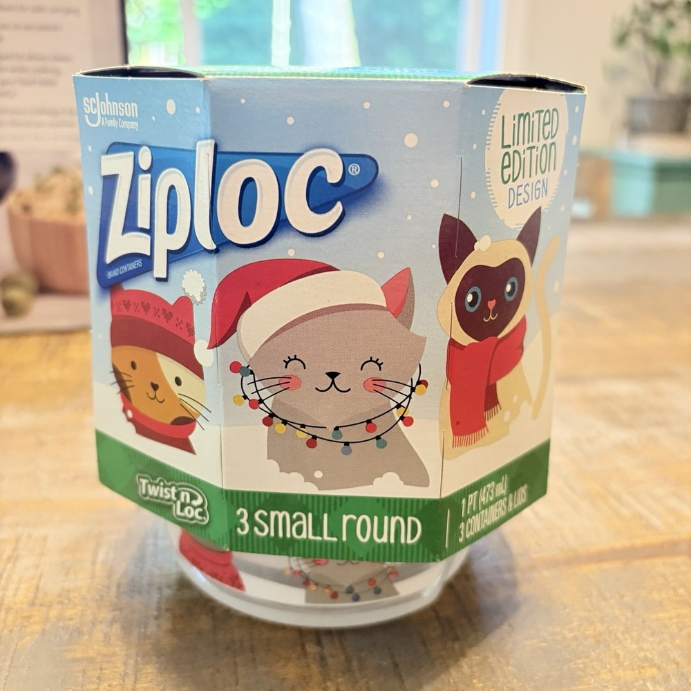Ziploc Twist n Lock Loc 3 Pk Round Plastic Containers Lids 16oz NOS Holiday Cats